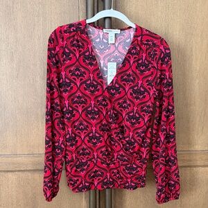 White House Black Market Red and Black Printed Wrap Blouse